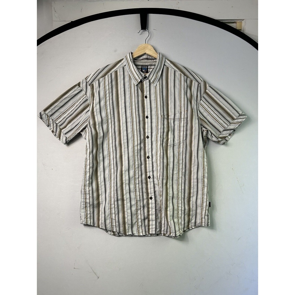 Kuhl Suncel Mens XL Short Sleeve Button Down‎ Shirt Striped Grey Hiking Gorp